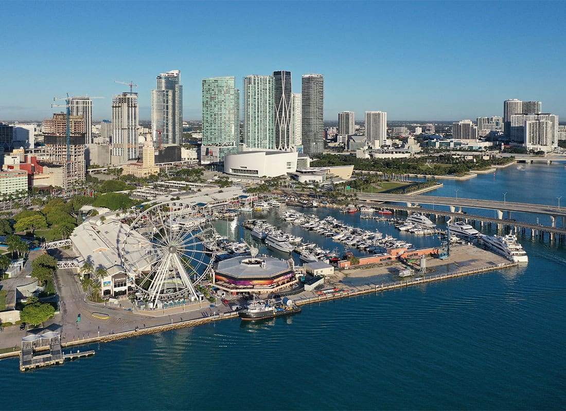 Winter Park, FL - Aerial View of Bayside Marketplace, City of Miami Marina and Miami Skyline on Sunny Winter Morning